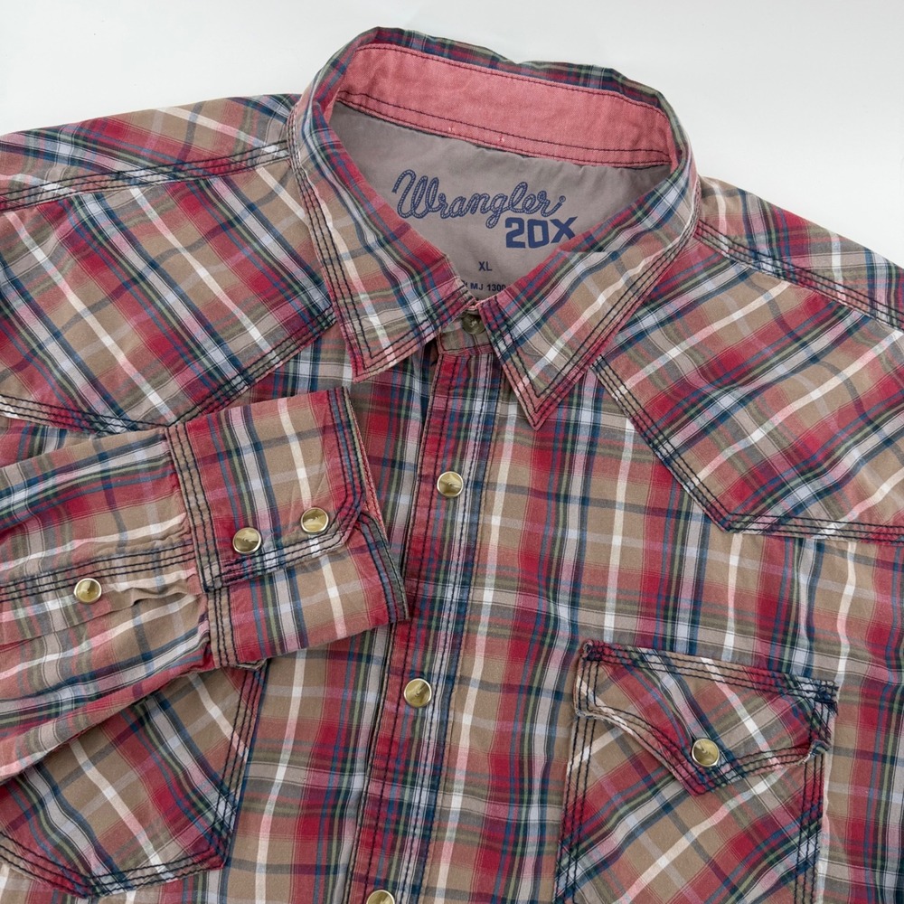 Wrangler 20X Western Shirt Mens XL Red Tan Blue Plaid Pearl Snap MJ1300M